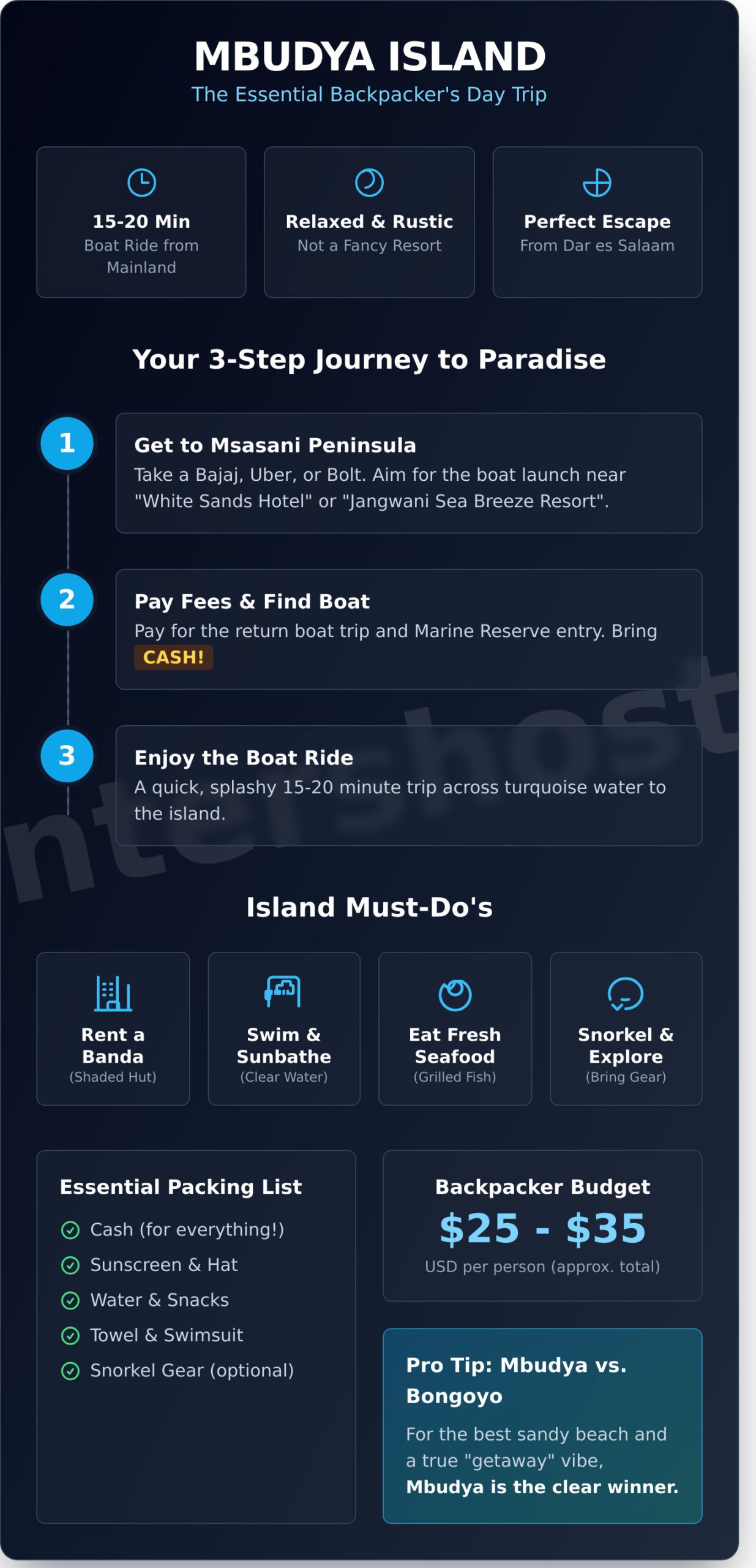 Mbudya Island Day Trip: The Ultimate Backpacker’s Guide - Infographic
