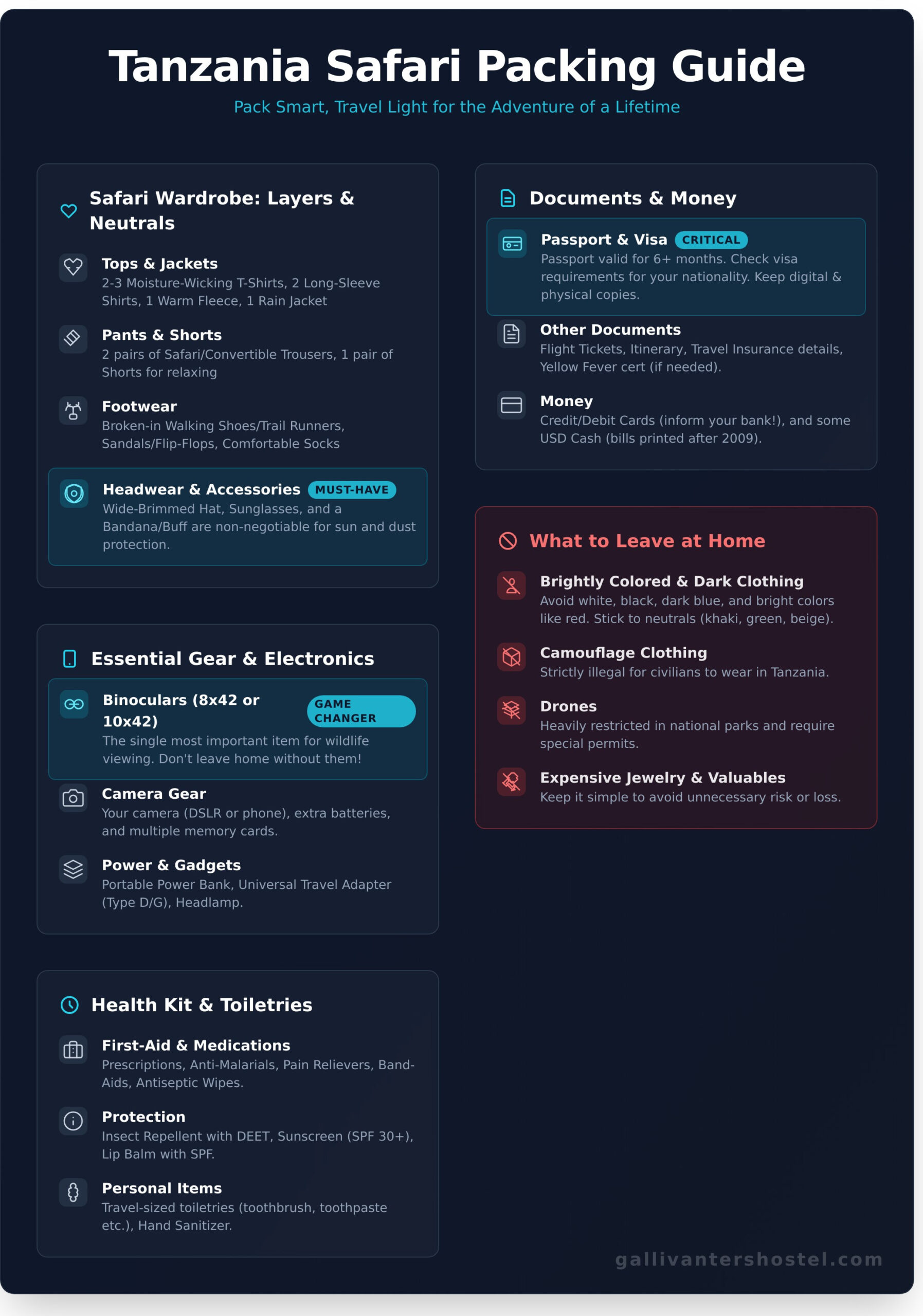The Ultimate Safari Packing List for Tanzania: A Backpacker’s Guide - Infographic