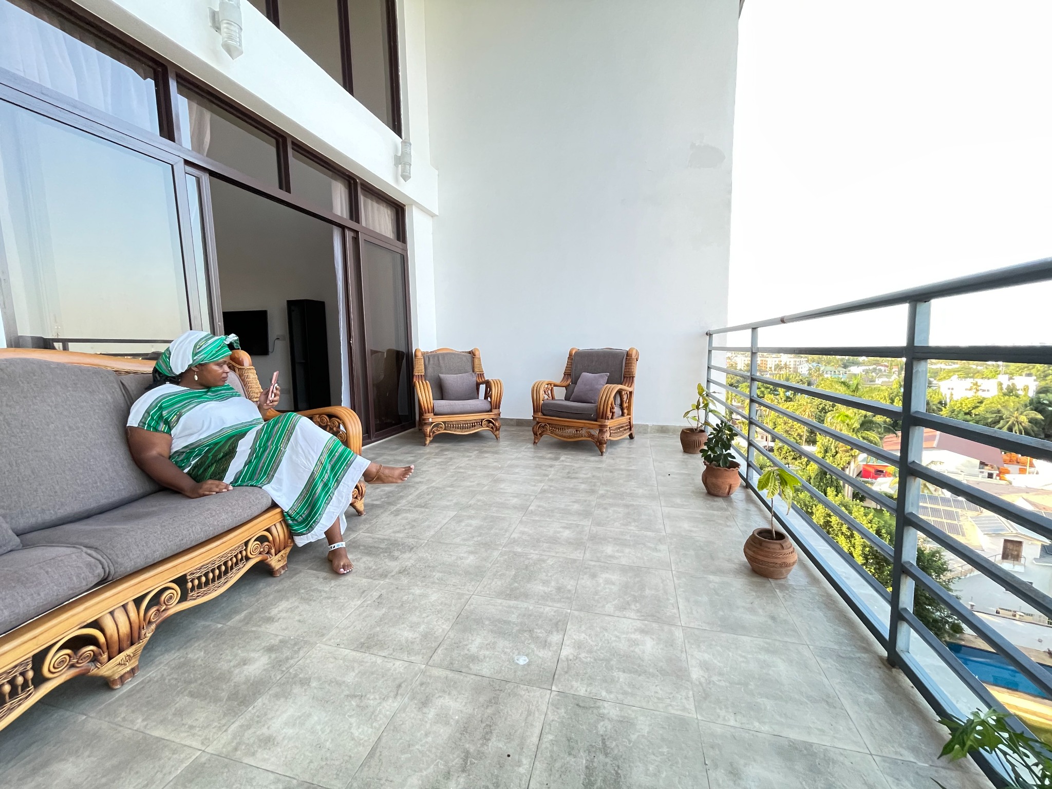 The large balcony of the eighth-floor duplex Airbnb that helped fund Gallivanters renovations