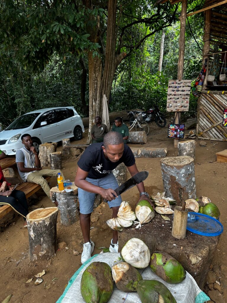 Kibwana chopping fresh coconuts during a hands-on local experience in Tanzania
