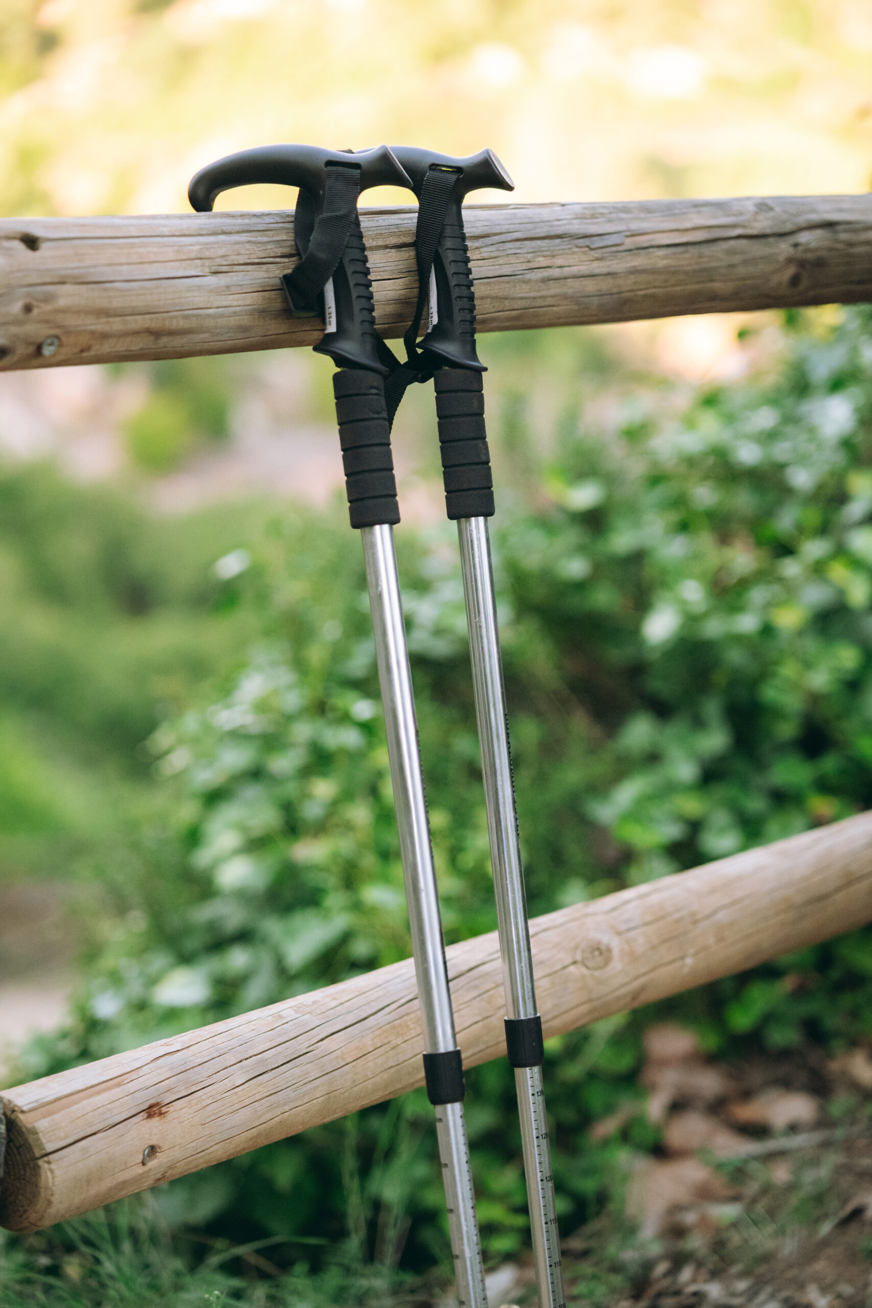 Trekking poles resting against a wooden fence.